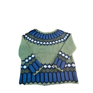 Vintage Style Green Fair Isle Sweater Blue Geometric Knit Boho Pullover L-XL